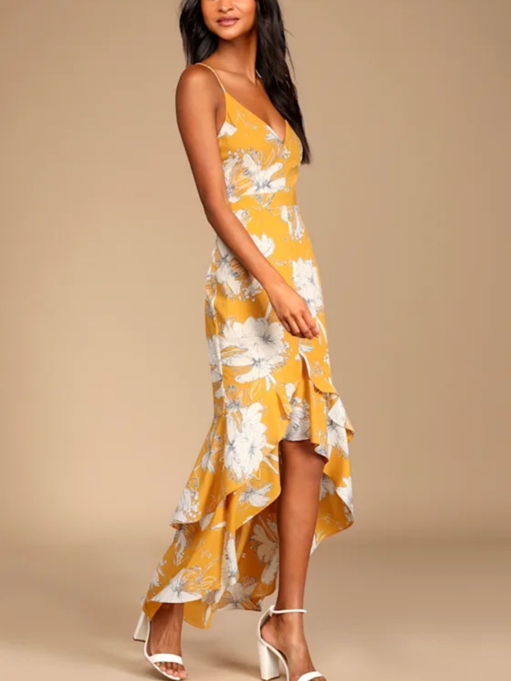 LIKE NEW Lulu's Mustard Yellow Floral High-Low Dress - Picture 3 of 8
